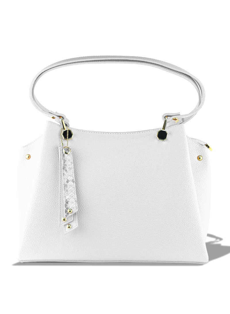 Elegant Women’s Handbag Premium Pebbled Leather with Snakeskin Tassel Accent Trendy Tote for Work & Daily Use (White)